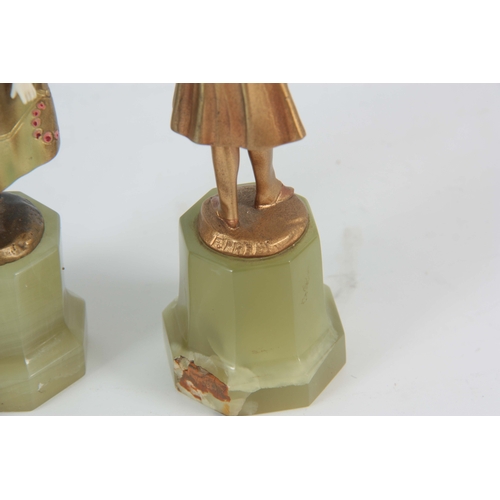 573 - FERDINAND PREISS (1882-1943). AN EARLY 20TH CENTURY PAIR OF SMALL IVORY AND PAINTED BRONZE SCULPTURE... 