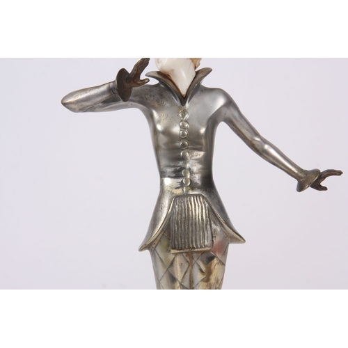 576 - JOSEF LORENZL. AN ART DECO COLD-PAINTED SILVERED-BRONZE AND IVORY SCULPTURE formed as a dancer with ... 