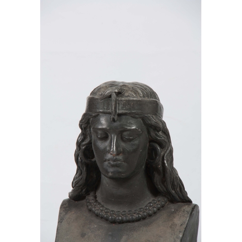 580 - AN IMPRESSIVE 19TH CENTURY CONTINENTAL LEAD BUST of a lady wearing a beaded necklace with figural pa... 