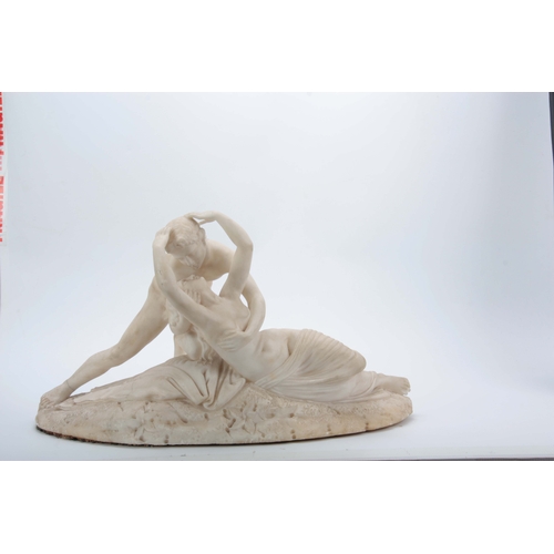 584 - AFTER CANOVA. A 19TH CENTURY ALABASTER SCULPTURE Psyche received by Cupid's kiss 63cm wide 31cm high... 