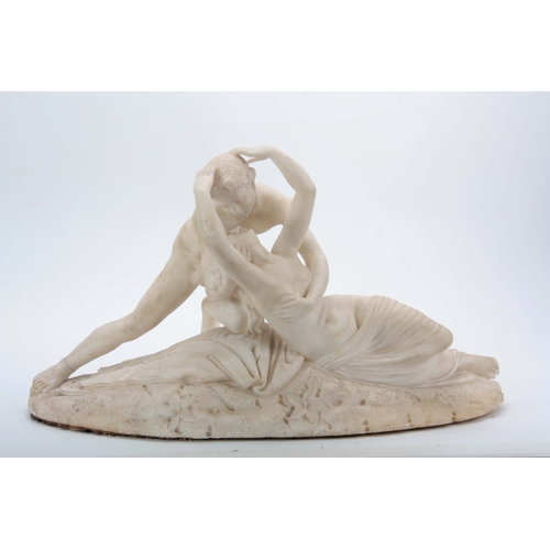 584 - AFTER CANOVA. A 19TH CENTURY ALABASTER SCULPTURE Psyche received by Cupid's kiss 63cm wide 31cm high... 