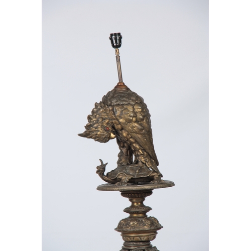 585 - A HIGHLY ORNATE 19TH CENTURY FRENCH CAST GILT METAL STANDARD LAMP depicting a Cockatoo with glass ey... 