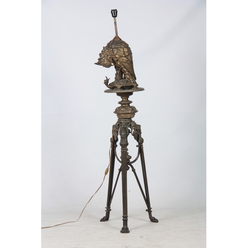 585 - A HIGHLY ORNATE 19TH CENTURY FRENCH CAST GILT METAL STANDARD LAMP depicting a Cockatoo with glass ey... 