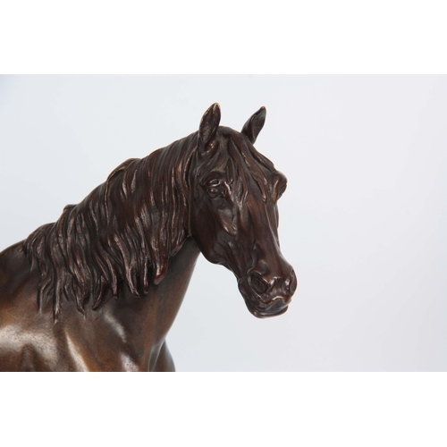 586 - AFTER P. J. MENE. AN EARLY 20th CENTURY PATINATED BRONZE SCULPTURE modelled as a stallion horse stan... 