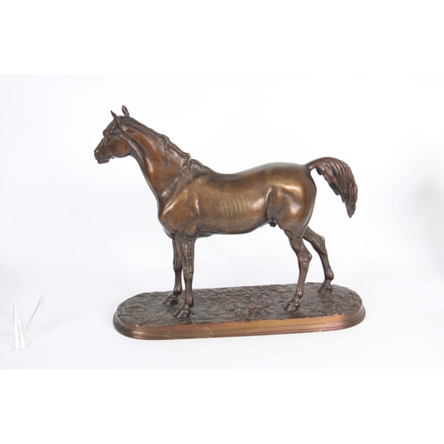 586 - AFTER P. J. MENE. AN EARLY 20th CENTURY PATINATED BRONZE SCULPTURE modelled as a stallion horse stan... 