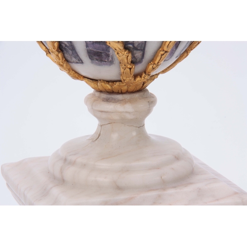 590 - A PAIR OF WHITE MARBLE AND BLUE JOHN TYPE CRYSTAL INLAID URNS with ormolu finials and swag decoratio... 