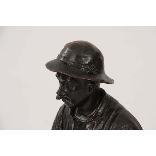 591 - E GEFLAWSKI. A LATE 19TH CENTURY LARGE BRONZE SCULPTURE depicting a coalminer seated on a coal tub, ... 