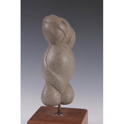 592 - A MODERNIST STONE SCULPTURE mounted on a wooden base - signed 35cm high.