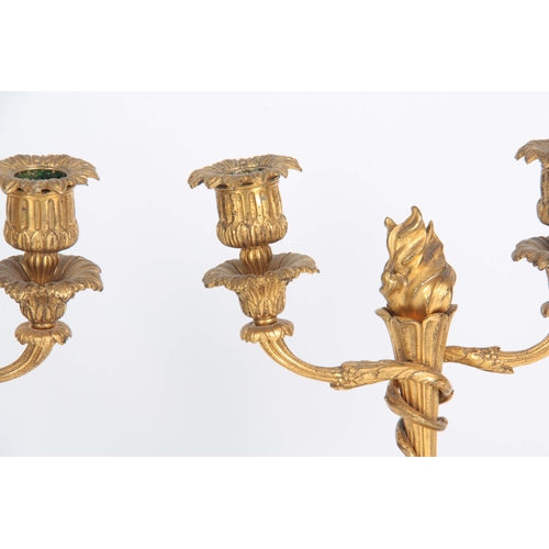 593 - A PAIR OF 19TH CENTURY FRENCH ORMOLU TWO BRANCH CANDELABRA on circular ornate cast bases with flambe... 