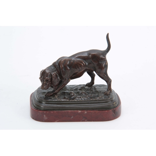 598 - AN EARLY 20th CENTURY PATINATED BRONZE SCULPTURE modelled as a gun dog mounted on a rouge marble bas... 