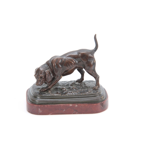 598 - AN EARLY 20th CENTURY PATINATED BRONZE SCULPTURE modelled as a gun dog mounted on a rouge marble bas... 