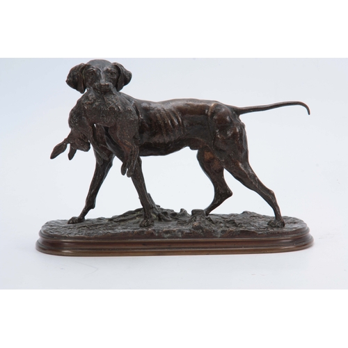 599 - AFTER PIERRE JULES MENE. AN EARLY 20th CENTURY PATINATED BRONZE SCULPTURE modelled as a gun dog retr... 