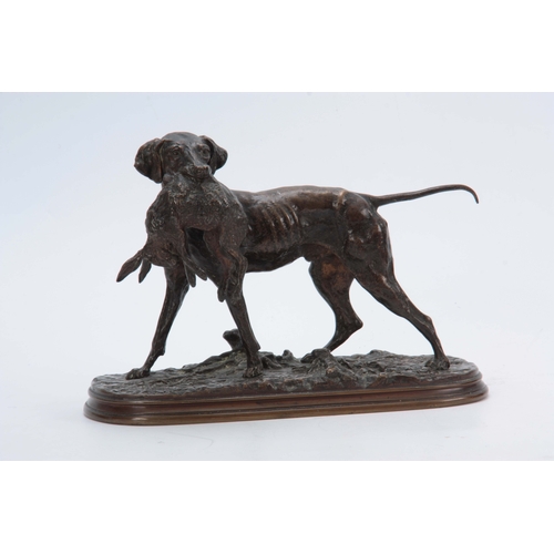 599 - AFTER PIERRE JULES MENE. AN EARLY 20th CENTURY PATINATED BRONZE SCULPTURE modelled as a gun dog retr... 