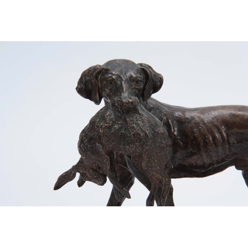 599 - AFTER PIERRE JULES MENE. AN EARLY 20th CENTURY PATINATED BRONZE SCULPTURE modelled as a gun dog retr... 