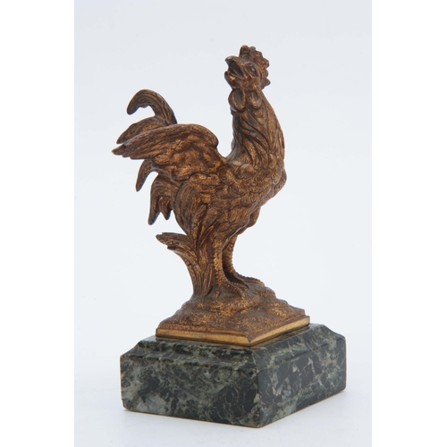 600 - A LATE 19th CENTURY GILT BRONZE SCULPTURE modelled as a cockerel mounted on green marble base 16cm h... 