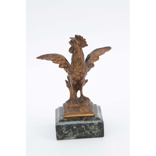 600 - A LATE 19th CENTURY GILT BRONZE SCULPTURE modelled as a cockerel mounted on green marble base 16cm h... 