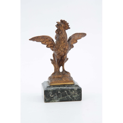 600 - A LATE 19th CENTURY GILT BRONZE SCULPTURE modelled as a cockerel mounted on green marble base 16cm h... 