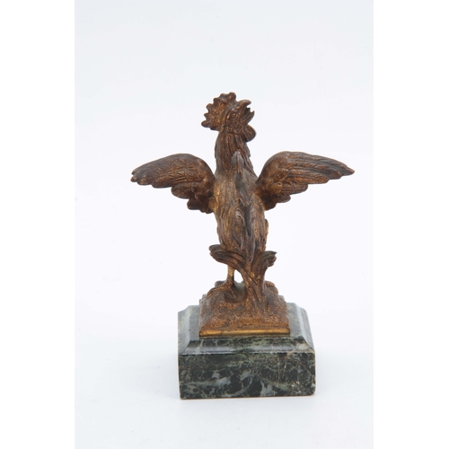 600 - A LATE 19th CENTURY GILT BRONZE SCULPTURE modelled as a cockerel mounted on green marble base 16cm h... 