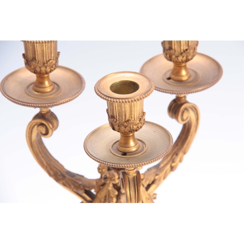 601 - A PAIR OF 19TH CENTURY FRENCH ORMOLU AND MARBLE THREE BRANCH CANDELABRA with triple urn-shaped sconc... 