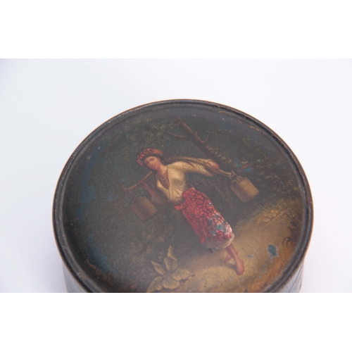 602 - A 19TH CENTURY PAPIER MACHE AND LACQUER WORK CIRCULAR BOX with painted scene to the lid of a young l... 