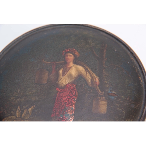 602 - A 19TH CENTURY PAPIER MACHE AND LACQUER WORK CIRCULAR BOX with painted scene to the lid of a young l... 