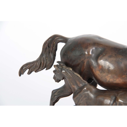 603 - A LATE 19th CENTURY PATINATED BRONZE SCULPTURE modelled as a mare and foal on a naturalistic base 18... 