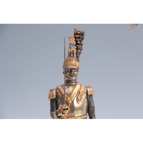 604 - A PAIR OF LIMITED EDITION CONTINENTAL SILVERED AND GILT BRONZED METAL STANDING FIGURES OF MILITARY O... 