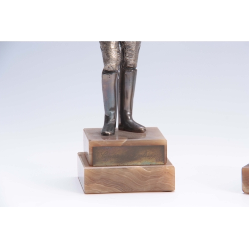 604 - A PAIR OF LIMITED EDITION CONTINENTAL SILVERED AND GILT BRONZED METAL STANDING FIGURES OF MILITARY O... 