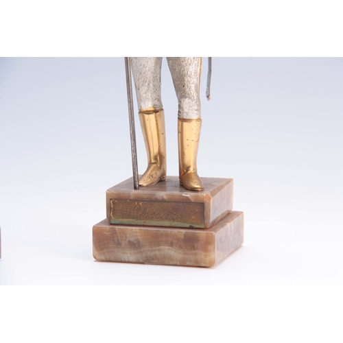 604 - A PAIR OF LIMITED EDITION CONTINENTAL SILVERED AND GILT BRONZED METAL STANDING FIGURES OF MILITARY O... 