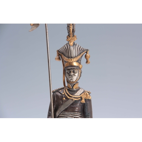 604 - A PAIR OF LIMITED EDITION CONTINENTAL SILVERED AND GILT BRONZED METAL STANDING FIGURES OF MILITARY O... 