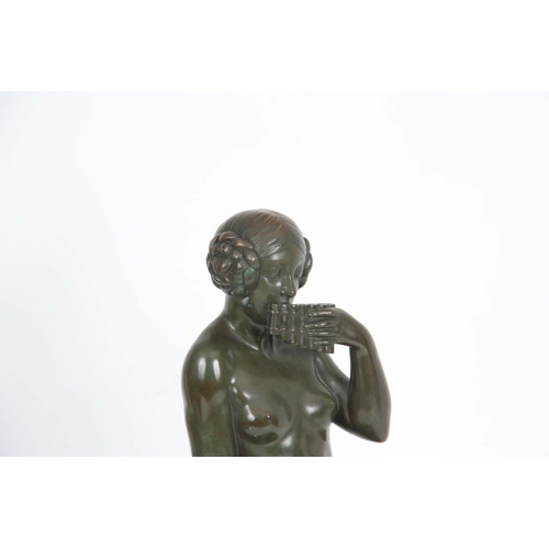 609 - MAURICE GUIRAUD-RIVIERE. A LARGE ART DECO GREEN PATINATED BRONZE SCULPTURE modelled as a seated youn... 