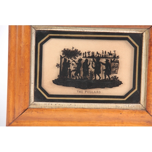 611 - A 19TH CENTURY REVERSE PAINTED SILHOUETTE PICTURE titled 'The Pedlars' gilt-edged black border and B... 