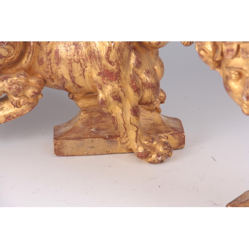 616 - A PAIR OF 18TH CENTURY GILT GESSO PLASTERWORK CHIMERA STATUES 40cm wide 28cm high.