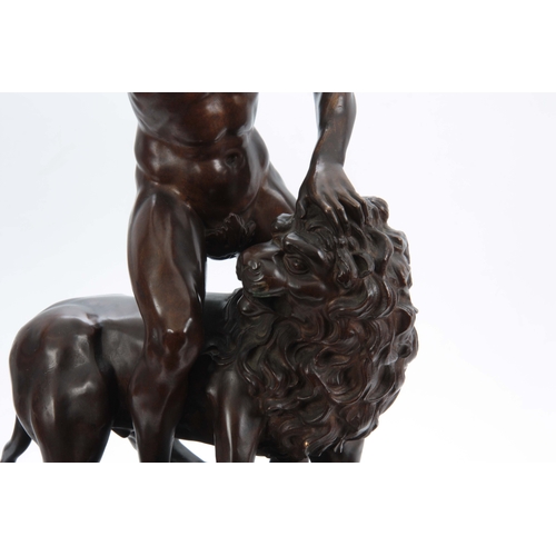 621 - A LARGE 19th CENTURY PATINATED BRONZE SCULPTURE modelled as Samson slaying the Lion stood on black m... 