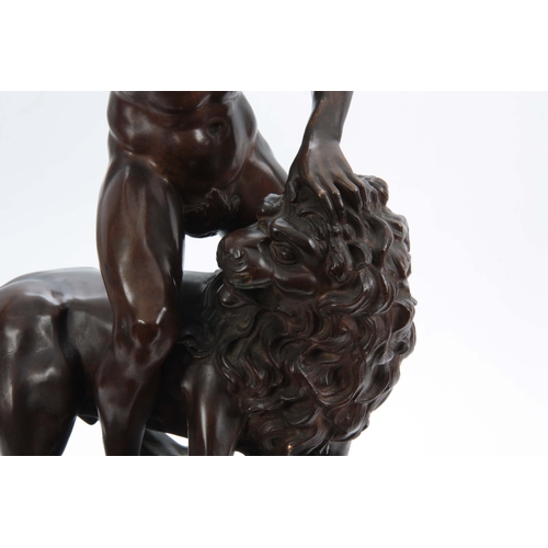 621 - A LARGE 19th CENTURY PATINATED BRONZE SCULPTURE modelled as Samson slaying the Lion stood on black m... 