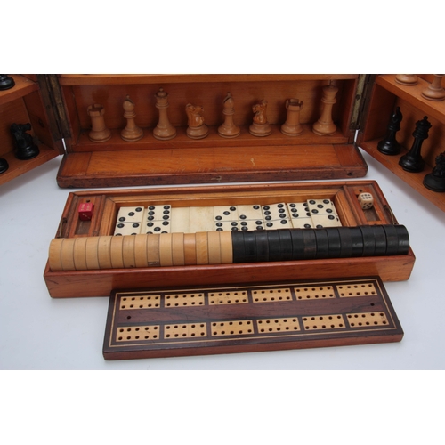 625 - A VICTORIAN MAHOGANY GAMES COMPENDIUM WITH JAQUES MONOGRAM having a hinged fold-out front and lid en... 