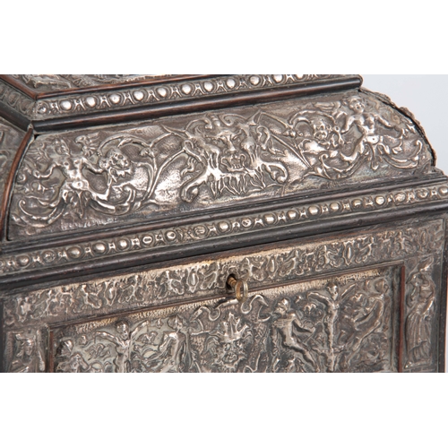 629 - AN 18TH CENTURY EUROPEAN SILVER MOUNTED EBONY CASKET set with all-round recessed figural panels bene... 