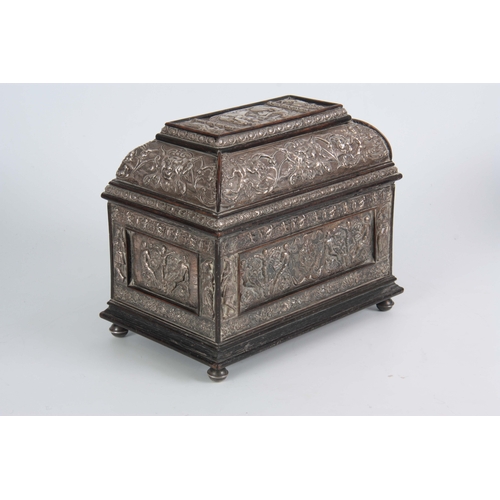 629 - AN 18TH CENTURY EUROPEAN SILVER MOUNTED EBONY CASKET set with all-round recessed figural panels bene... 