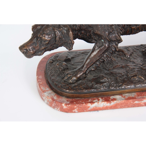 631 - A LATE 19th CENTURY PATINATED BRONZE SCULPTURE modelled as a gun dog standing on naturalistic base m... 