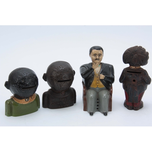 635 - A COLLECTION OF PAINTED CAST IRON MONEY BANKS to include a Tammany bank with gentleman nodding his h... 