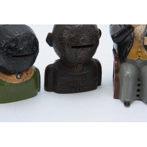 635 - A COLLECTION OF PAINTED CAST IRON MONEY BANKS to include a Tammany bank with gentleman nodding his h... 