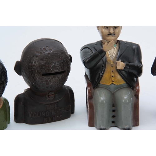 635 - A COLLECTION OF PAINTED CAST IRON MONEY BANKS to include a Tammany bank with gentleman nodding his h... 