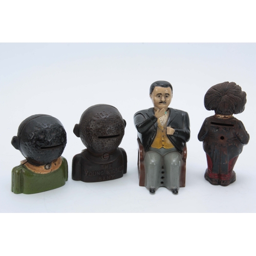 635 - A COLLECTION OF PAINTED CAST IRON MONEY BANKS to include a Tammany bank with gentleman nodding his h... 