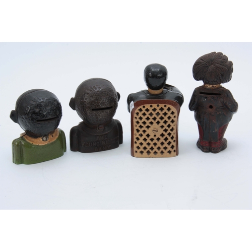 635 - A COLLECTION OF PAINTED CAST IRON MONEY BANKS to include a Tammany bank with gentleman nodding his h... 