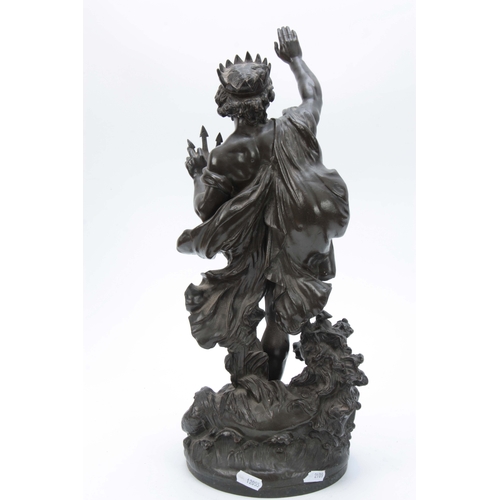 636 - ATELIER ATELIER. A LATE 19th CENTURY PATINATED BRONZE SCULPTURE modelled as Neptune holding a triden... 