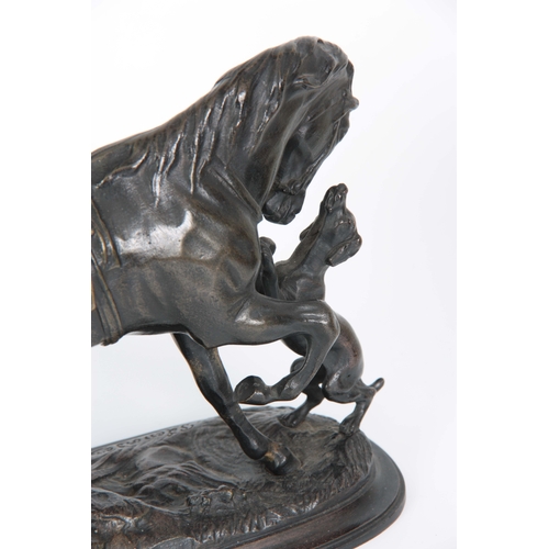 639 - PIERRE LENORDEZ. A LATE 19th CENTURY BRONZE SCULPTURE modelled as a horse and hound on naturalistic ... 