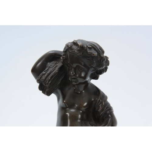 640 - A PAIR OF 19th CENTURY PATINATED BRONZE SCULPTURES modelled as putti harvesters mounted on Sienna ma... 