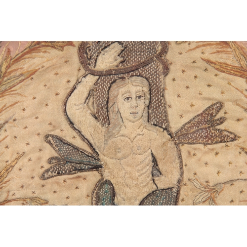 643 - A 17TH CENTURY SILK EMBROIDERED STUMPWORK PANEL depicting a standing figure of Saint Sebastian withi... 