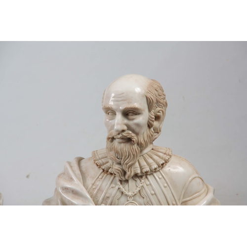 644 - A PAIR OF 19th CENTURY FRENCH MARBLE BUSTS one modelled as Francis I Duke of Nevers wearing The Orde... 