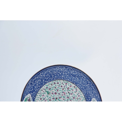 650 - A 19th CENTURY PERSIAN ENAMEL ON COPPER BOWL AND PLATE with floral decoration and perched songbirds,... 